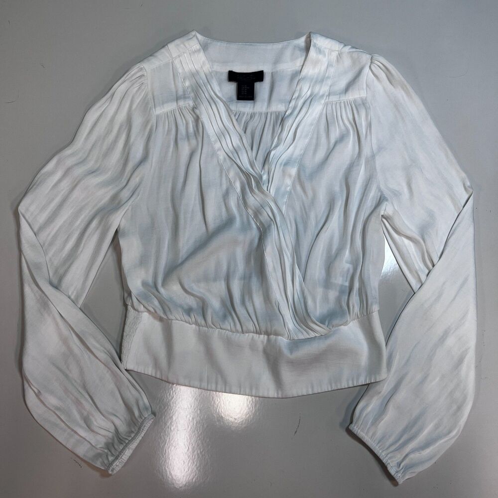Rachel Roy Womens Blouse M White Surplice V Neck Long Sleeve Smocked Peasant Top